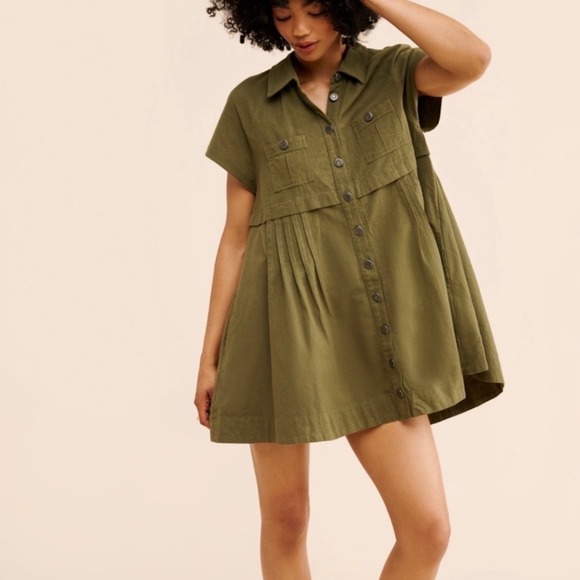 Free People Dresses & Skirts - Free People Cotton Ronnie Short Sleeve Olive Green Button Down Dress Size Medium